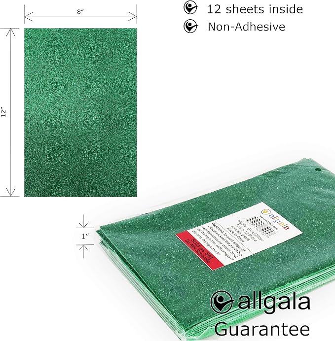 Allgala 12 Pack Glitter EVA Foam Sheet Paper 8 x 12inch Sheets-Green