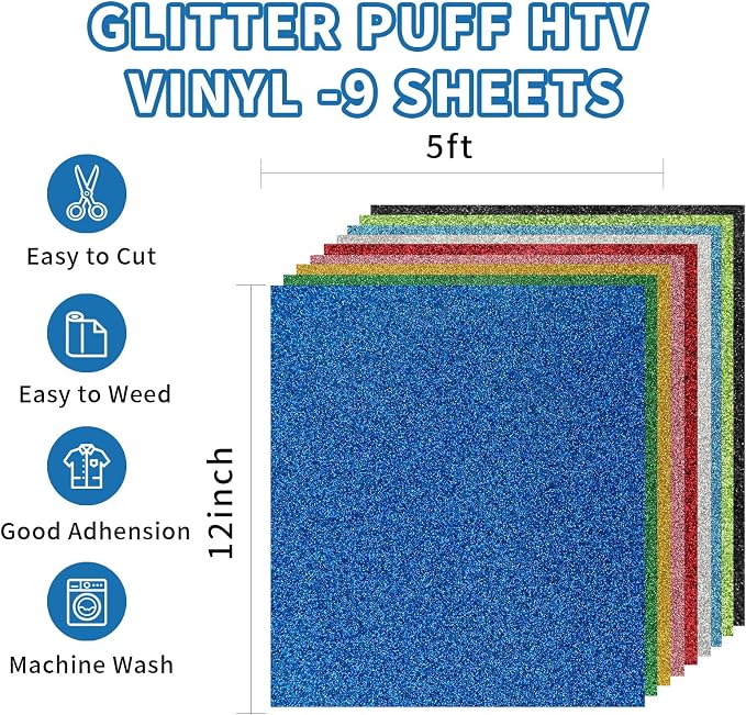 3D Puff Vinyl Heat Transfer, 9 Sheets 12" x 10" Glitter Foaming Puff HTV Vinyl