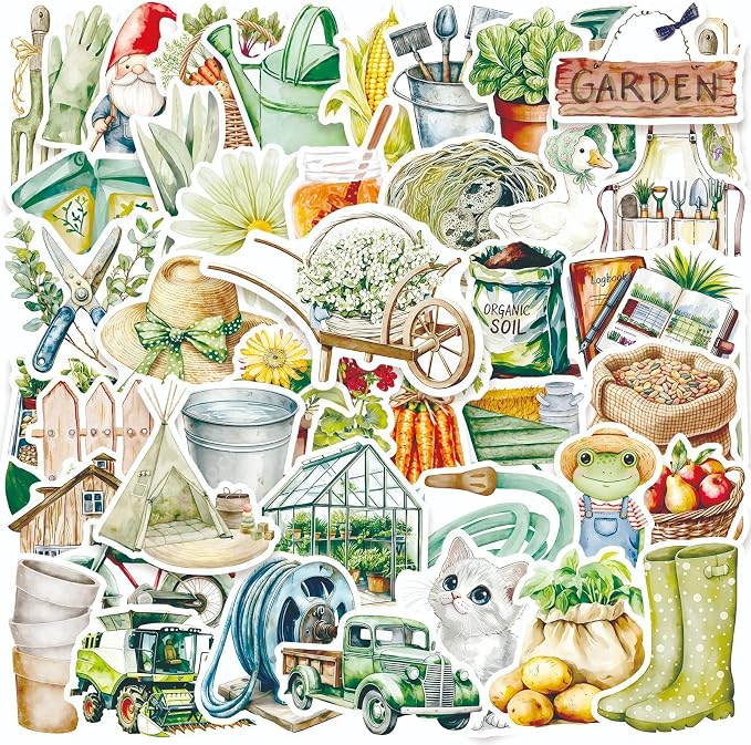 50 Pcs Cute Garden Farm Life Stickers, Vintage Plant Gardening Tool Animal