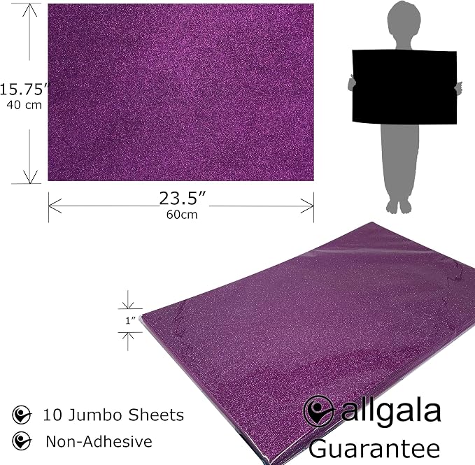 Allgala Jumbo Glitter EVA Foam Sheets 10 Pack 16x24 inch Paper Sheets- Purple