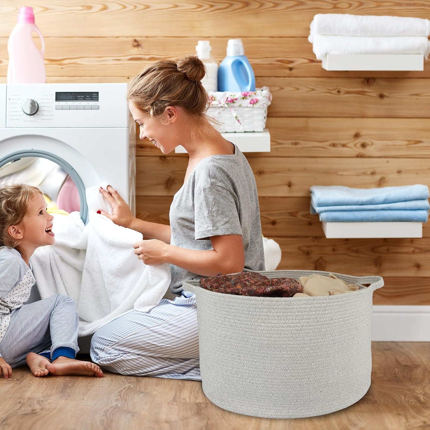 Large Cotton Rope Basket – 22"x14" Woven Storage Baskets for Blankets, Toys, Laundry, and Nursery – Round Basket for Living Room, Kids, and Pets Grey