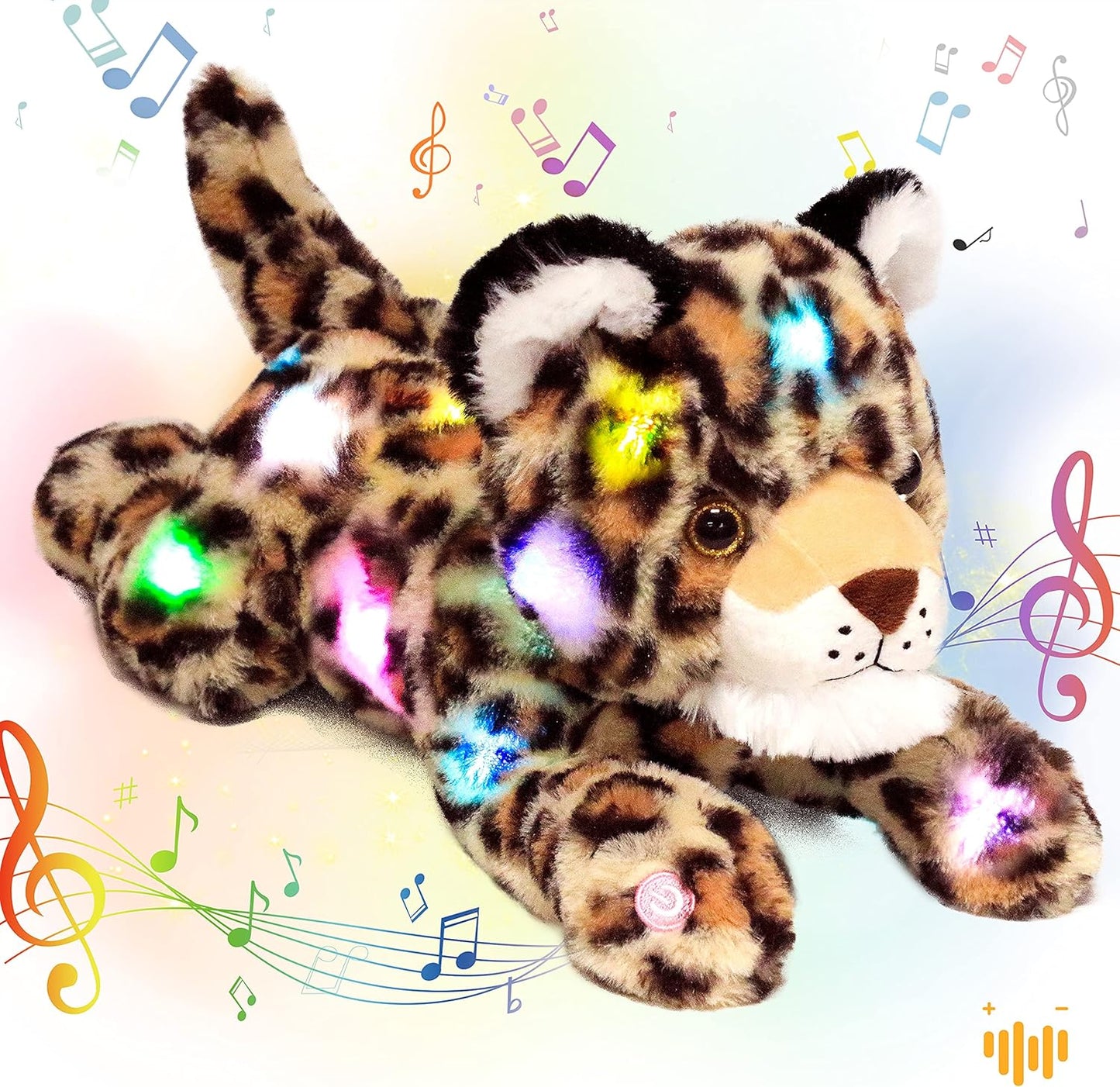 Hopearl LED Musical Stuffed Cheetah Lighting Up Singing Plush Leopard Toy Adjustable Volume Lullaby Animated Soothe Birthday Festival for Kids Toddlers Boys, 14''