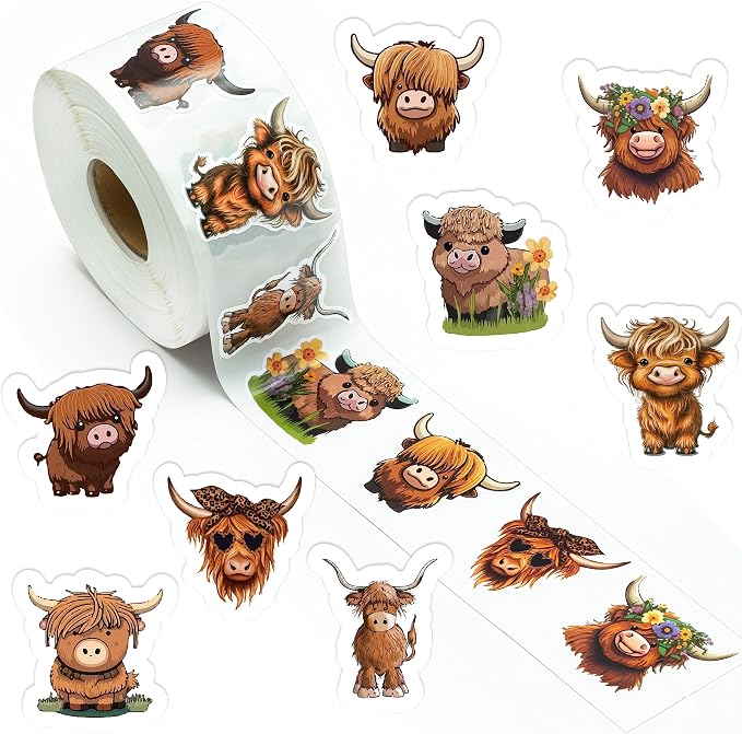 800Pcs Cute Highland Cow Roll Stickers Hyland Cattle Decals | 8 Styles