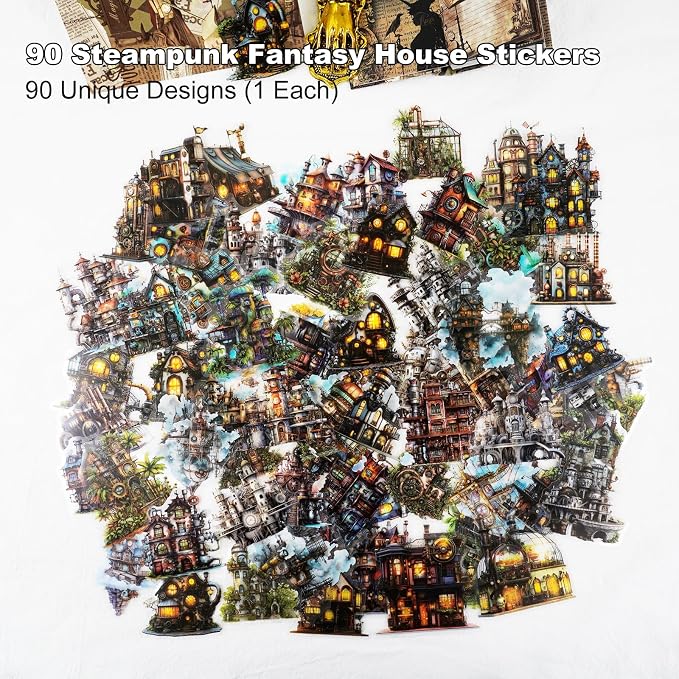 90PCS Gear Cabin PET Stickers – Steampunk Fantasy House Sticker