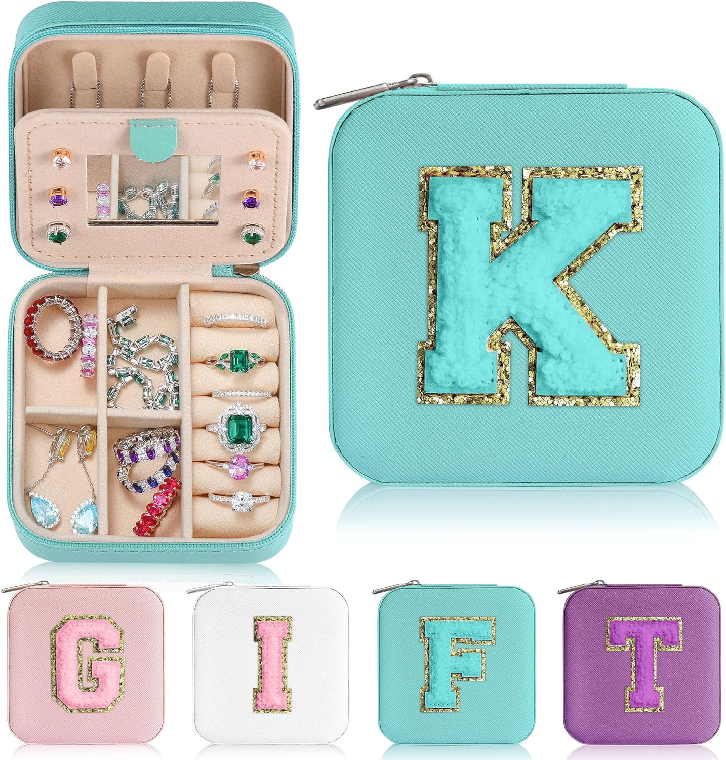 Parima Gifts for Women - Personalized Jewelry Case Jewelry Boxes for Mom Birthday Gift for Mother Travel Gift for Women - Letter K, Aqua Blue