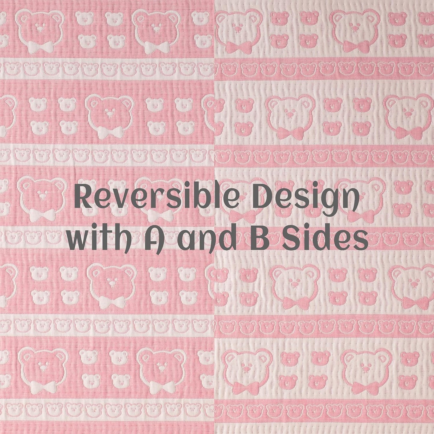 NTBAY 3 Layer Oversized Muslin Cotton Toddler Blanket, Jacquard Reversible Nursery Bed Blanket, Super Soft and Thermal for All Seasons, Baby Gift, 45"x60", Pink Bear