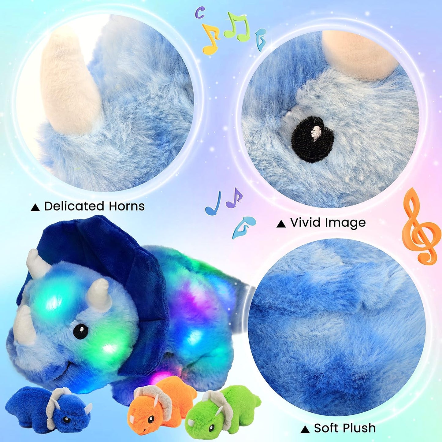 Hopearl LED Musical Stuffed Dinosaur Playset Lighting Up Singing Plush Toy Mommy Triceratops with 3 Babies in her Tummy Adjustable Volume Lullaby Animated Soothe Gifts for Toddlers Boys, Blue, 15”