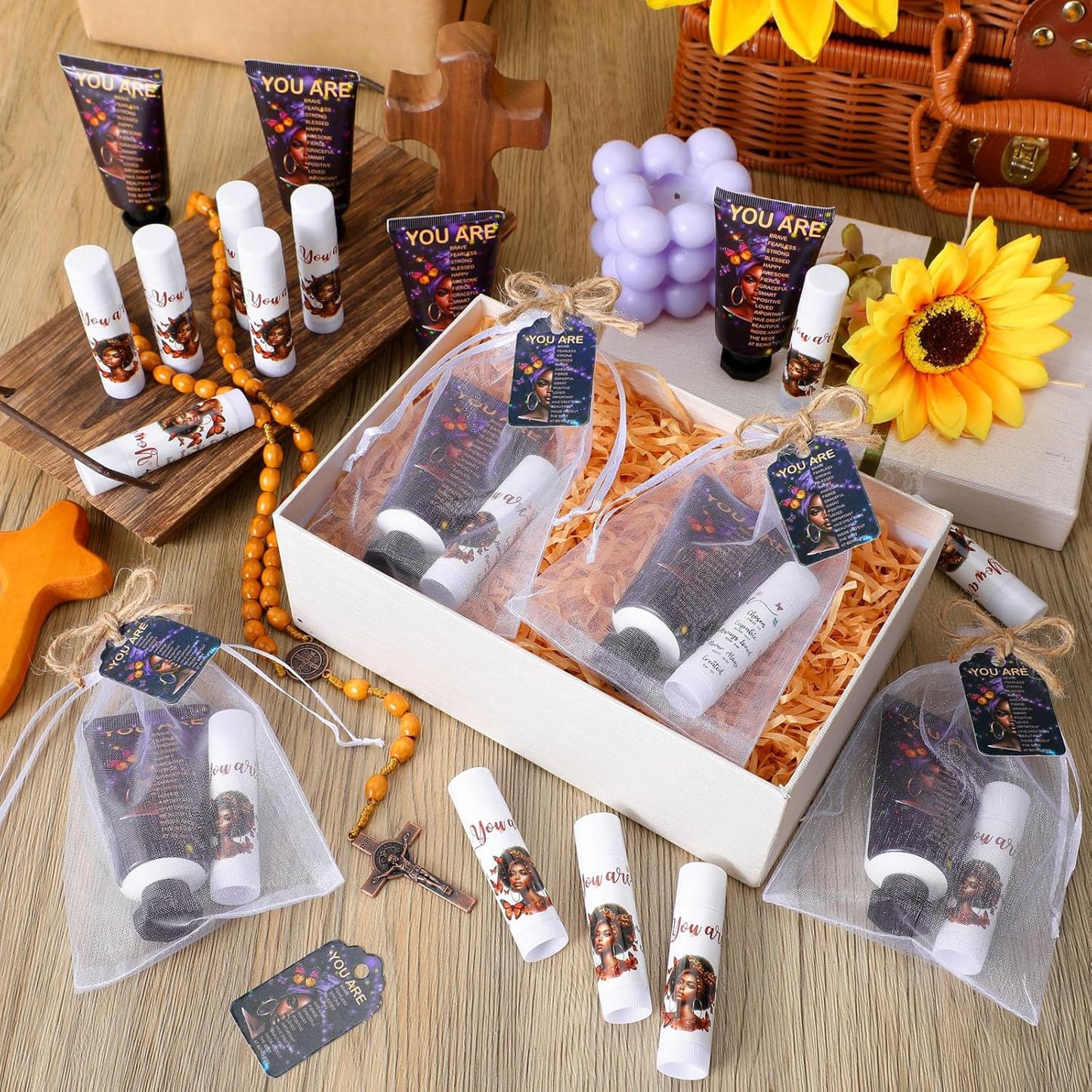 24 Sets Christian Hand Cream and Lip Balm Gift Set Christmas Christian Gift for Women Travel Size Hand Lotion Bible Verse Lip Balm Bulk for Baby Bridal Shower Mom Holiday (African American)