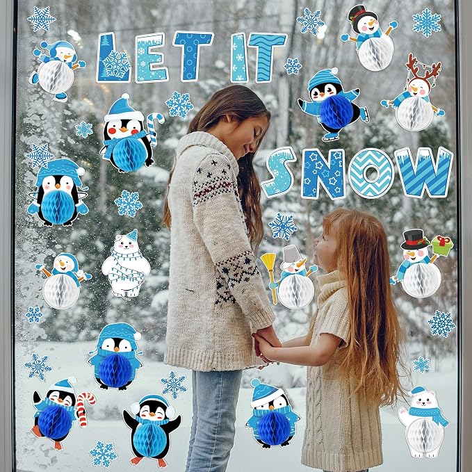 Naozinebi 53PCS 3D Winter Honeycomb Bulletin Board Snowflake Penguin Bulletin