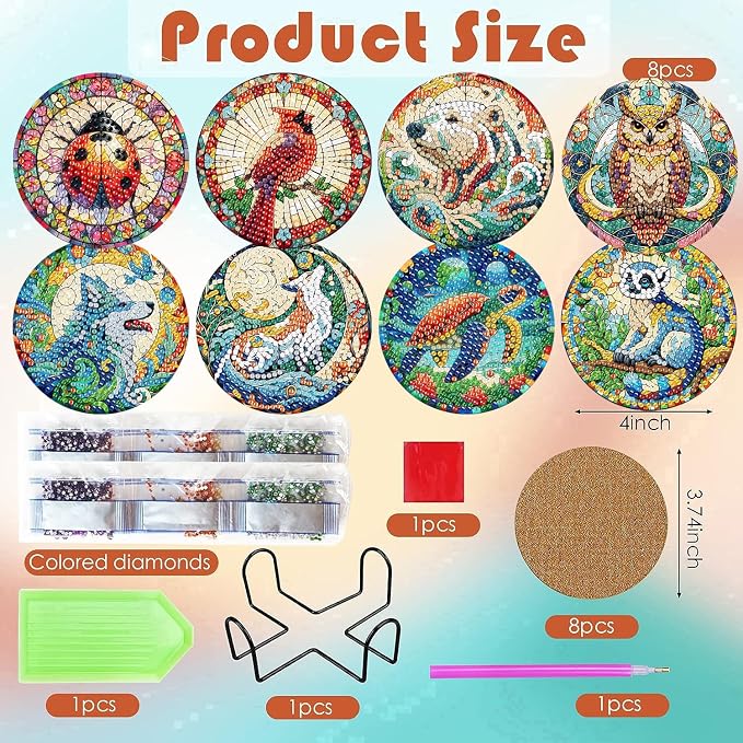 ijbnhd 8 PCS Animals Diamond Art Coasters Kit | Animals Diamond Painting