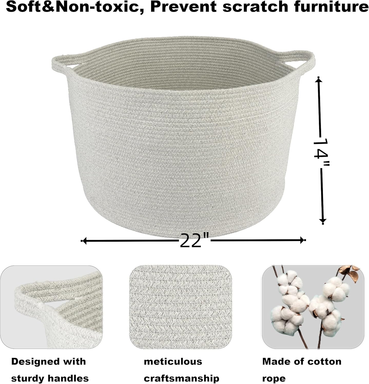 Large Cotton Rope Basket – 22"x14" Woven Storage Baskets for Blankets, Toys, Laundry, and Nursery – Round Basket for Living Room, Kids, and Pets Grey