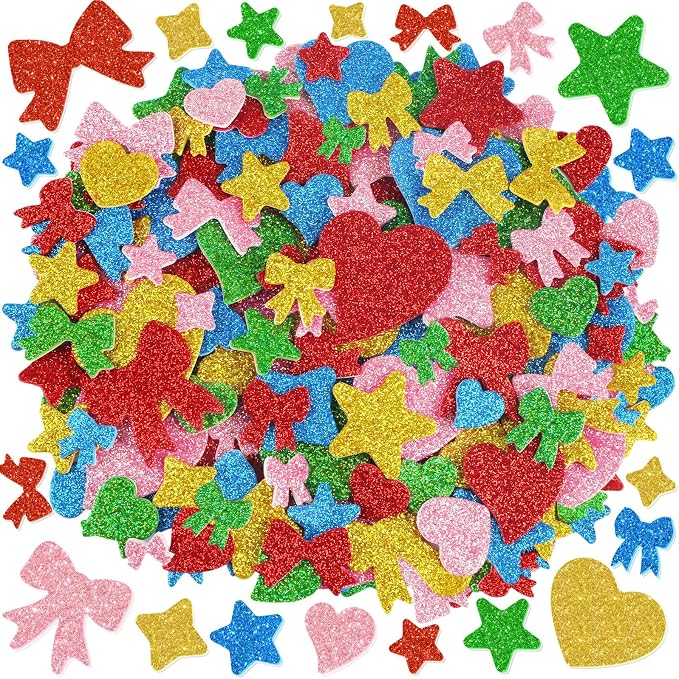 625Pcs Foam Stickers Glitter Colorful Star Heart Bow Shapes Stickers 5Sheets 3D