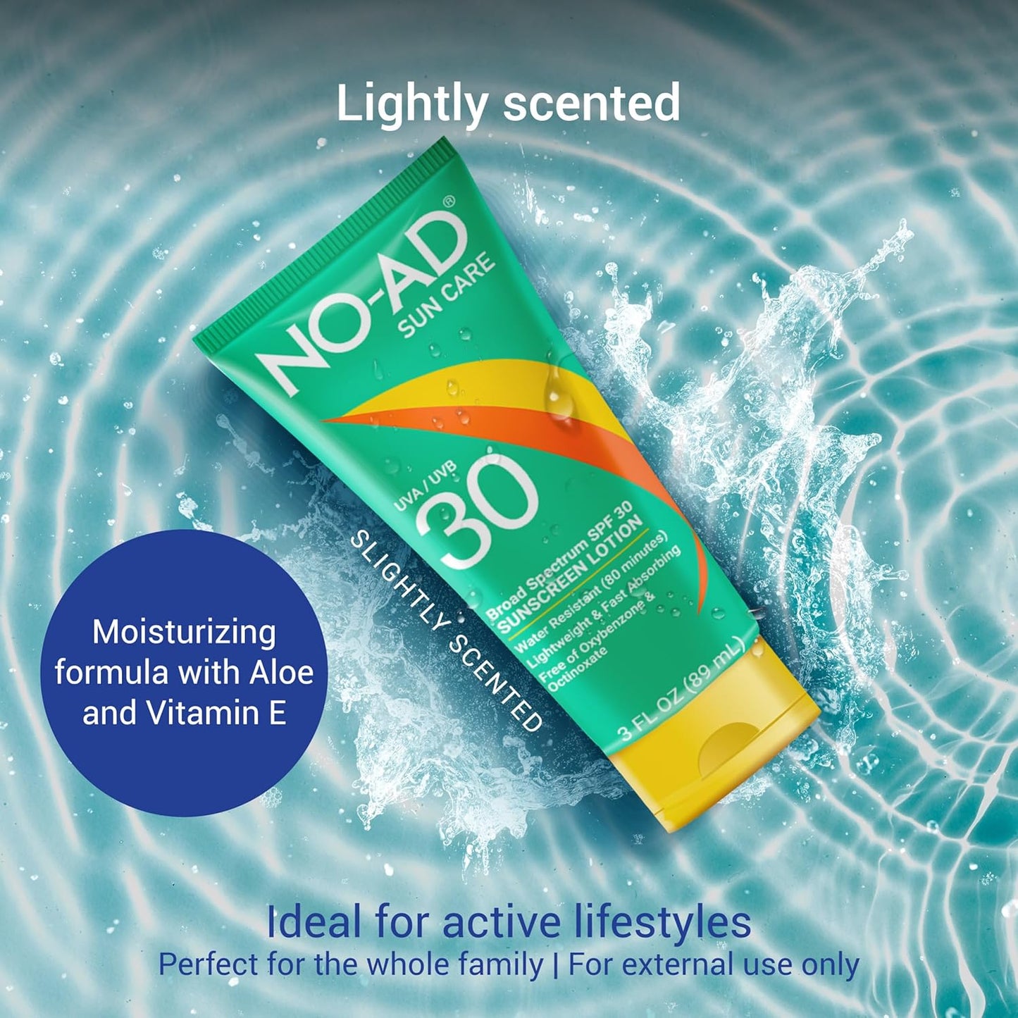 NO-AD SPF 30 Sunscreen Lotion | Broad Spectrum UVA/UVB Protection | Water Resistant | Octinoxate & Oxybenzone Free with moisturizing Vitamin E and Aloe 3oz | Pack of 3