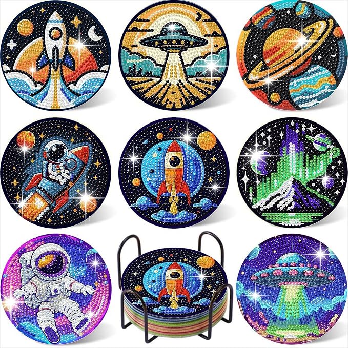 8PCS Outer Space Diamond Art Coasters Kit, Cute Spaceship Diamond Painting