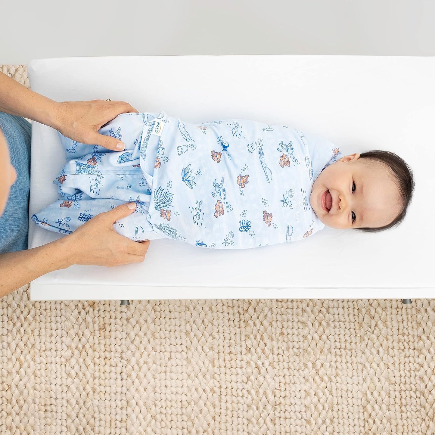 HALO Disney Baby Finding Nemo 100% Cotton Sleepsack Swaddle, 3-Way Adjustable Wearable Blanket, Nemo Tie Dye, Newborn, 0-3 Months