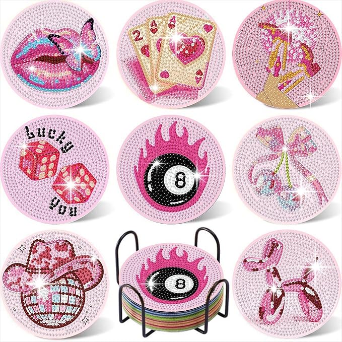 8PCS Pink Disco Diamond Art Coasters Kit