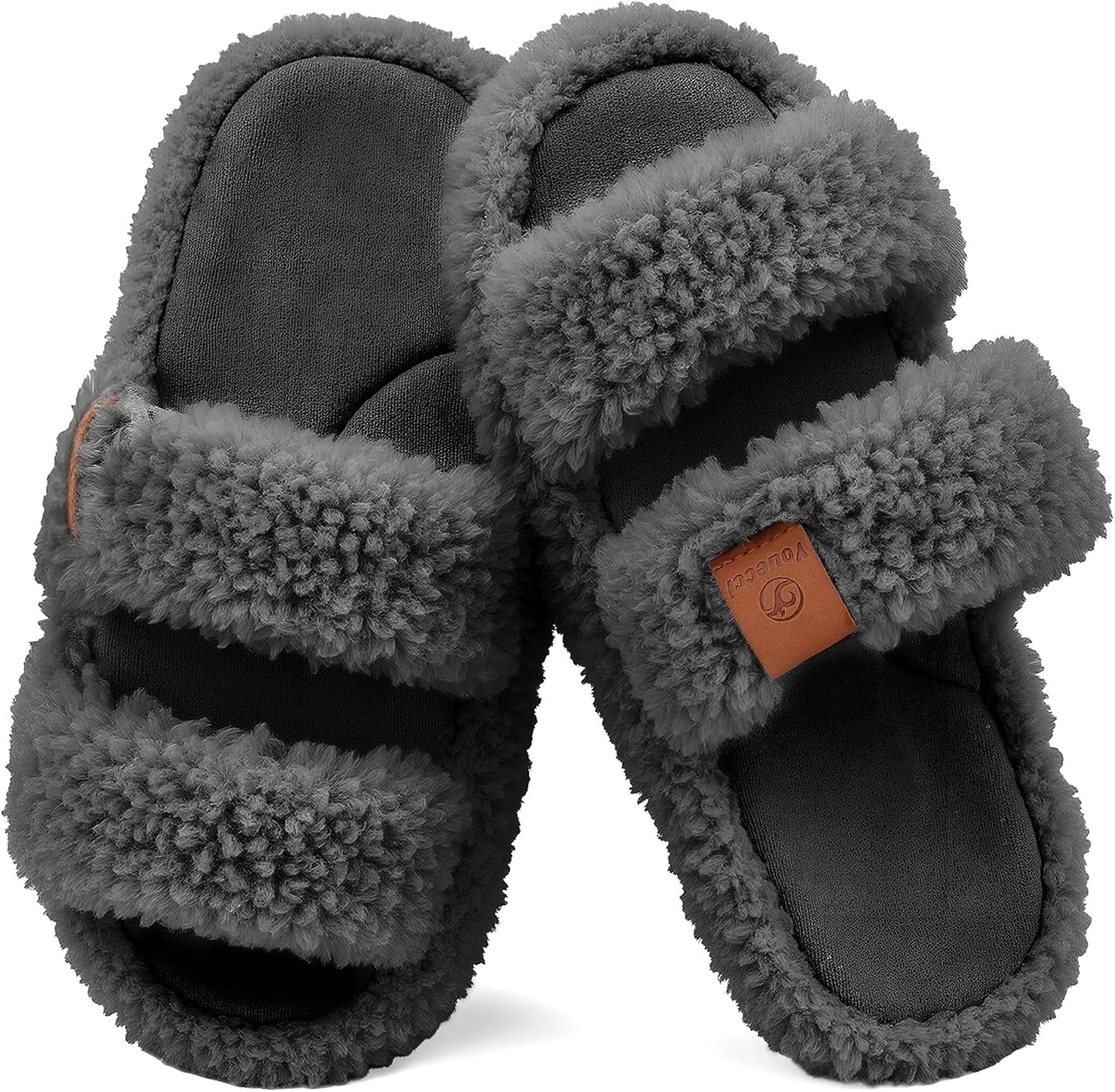 Youecci Girls Fuzzy Slippers-Soft Open Toe Slippers with Memory Foam & Arch Support, Dual-Strap Warm Comfy Home Slides Indoor House Shoes