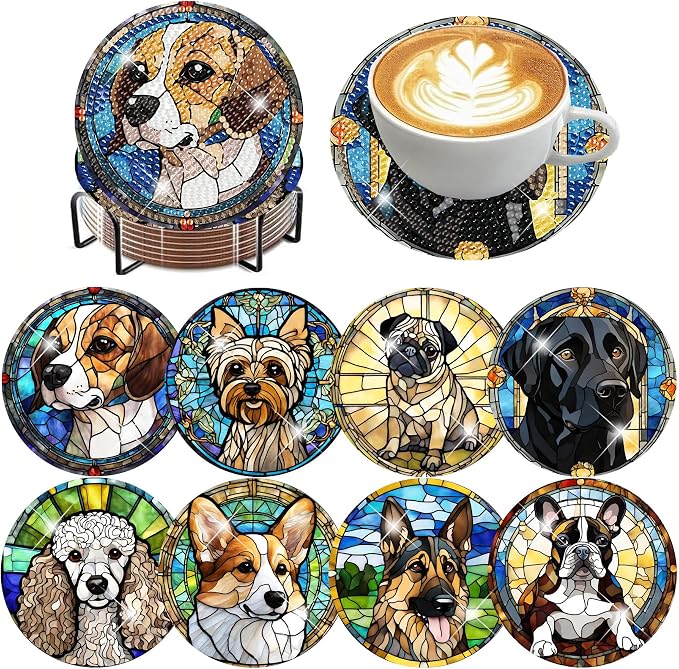 8 Pack Diamond Art Coasters, Dog Animal Diamond Painting Coasters Kits | Dog