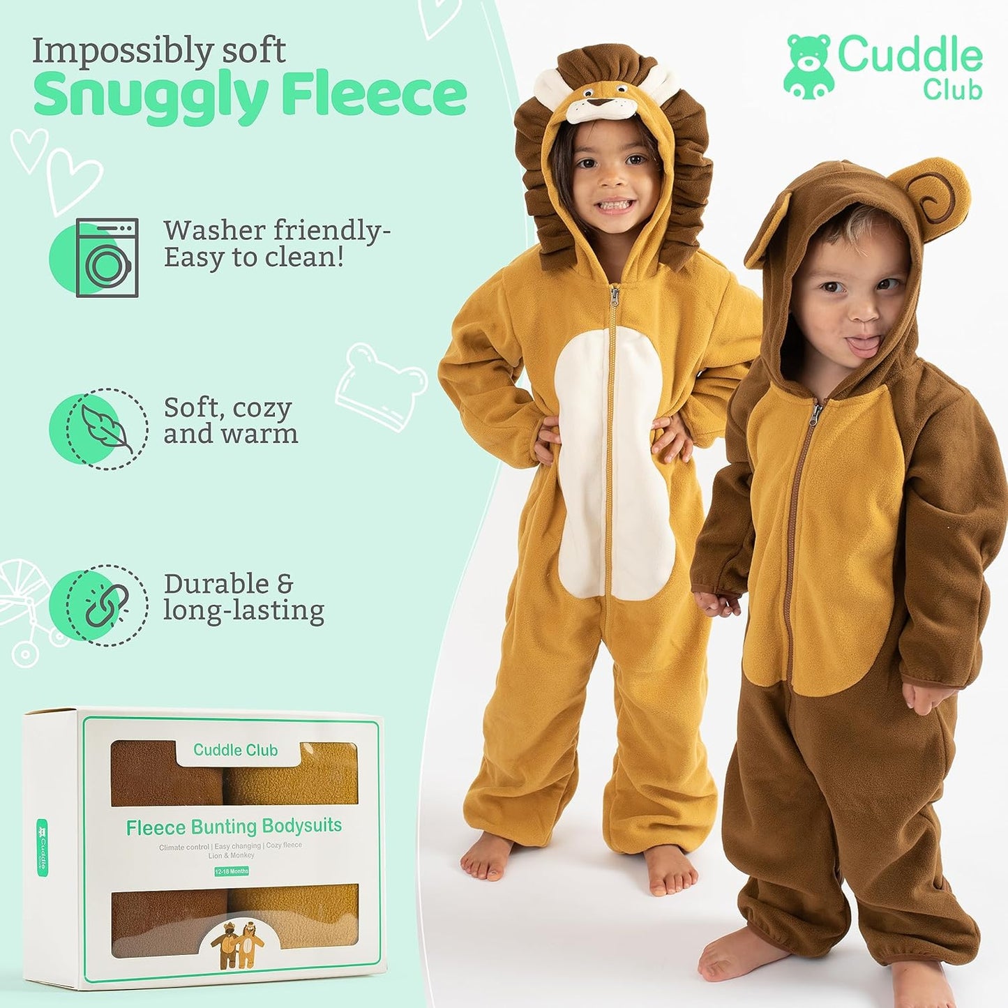 Cuddle Club Fleece Baby Bunting Bodysuit with Hood, Convertible Mittens & Booties, Car Seat Friendly, Soft & Warm, Easy Zip