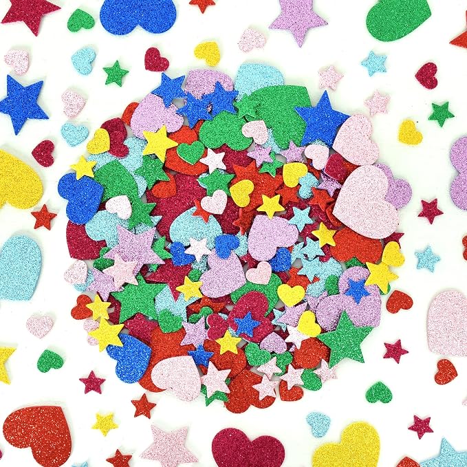 BEISHIDA 1040 PCS Glitter Foam Stickers, Heart Stars Shapes Self-Adhesive