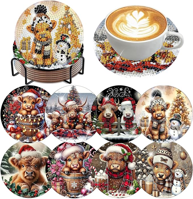 8 PCS Christmas Diamond Art Coasters Kits Highland Cows Coaster Kits | Diamond