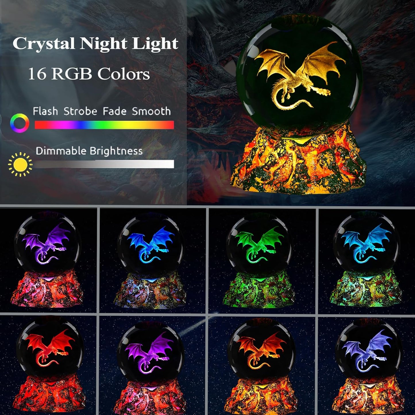 Dragon Night Light, 3.15 Inch (80mm) K9 Crystal Upgraded Volcanic Lava Base 3D Lamp with Remote 16 Color for Birthday Xmas Cool Figurines Dragon Gifts for Room Decor Boys Girls