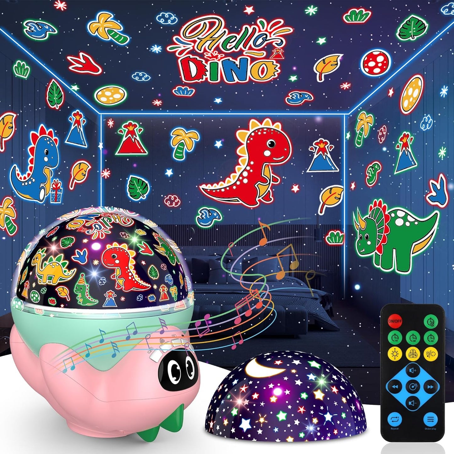 Dinosaur Night Light Projector for Kids Room, Boy Girl Dino Lamp with 10 Soothing Music& Timer, Remote Control, Colorful Projection Effect, High Brightness, Birthday Gifts for Infant Baby