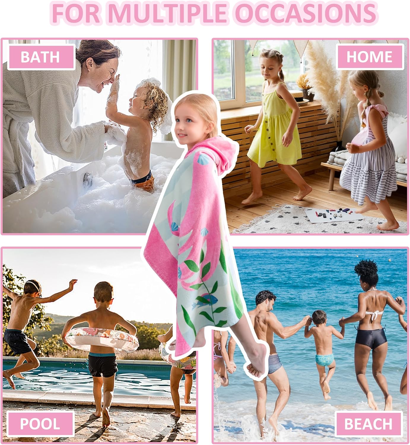 Kids Hooded Bath Towel-Soft Thick 100% Cotton Hooded Beach Towel for Kids 3-10 Years,Absorbent Fast-Drying Cute Toddler Bath & Swim Towel,for Boys & Girls 30"x50"(Mermaid Pink)