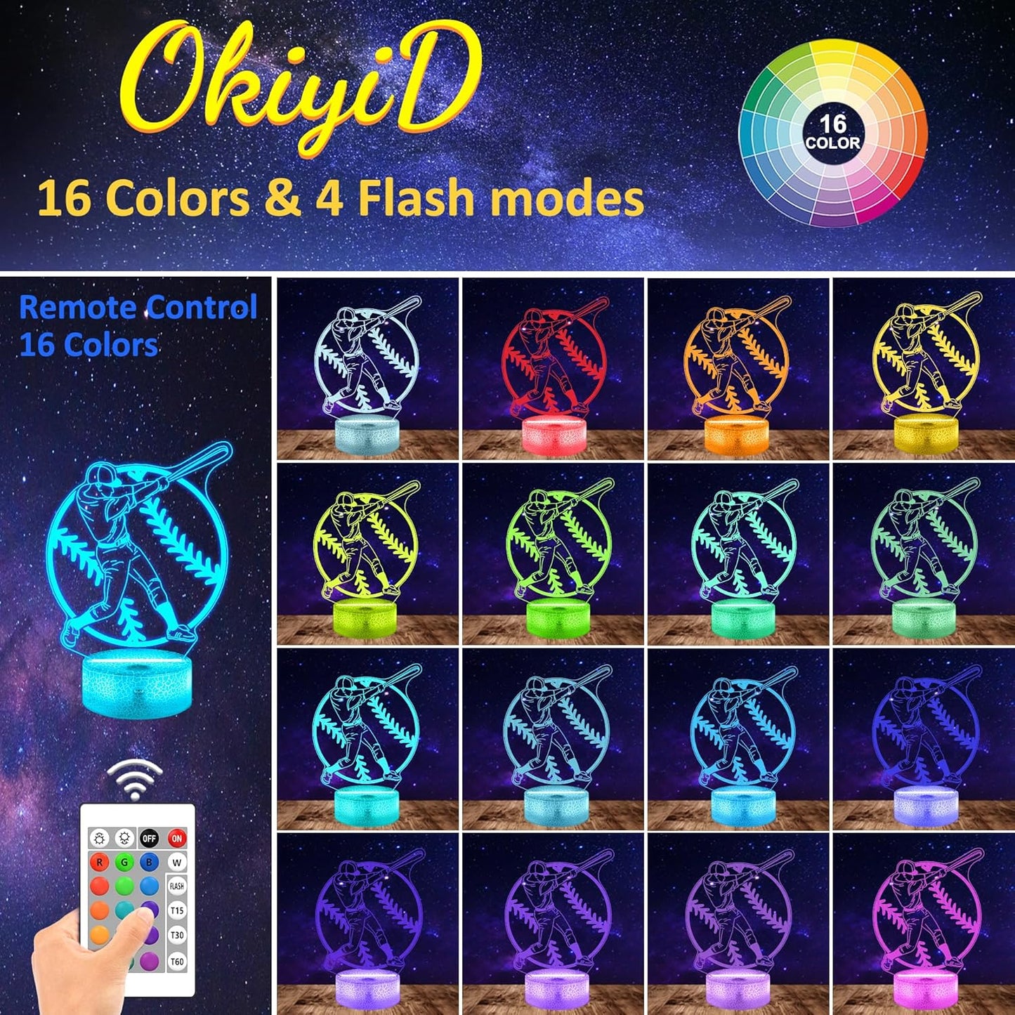 Baseball Gifts for Boys, Baseball 3D Illusion Lamp, Night Light with 16 Colors Remote Control, Decor for Kids Room, Boy Men Christmas Birthday Gifts
