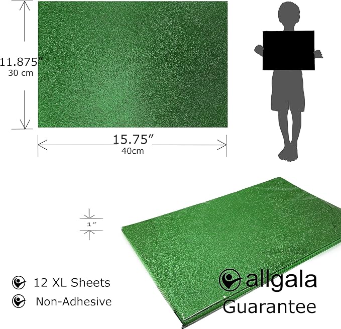 Allgala X-Large Glitter EVA Foam Sheets 12 Pack 12x16 inch Paper Sheets- Green