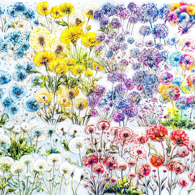 60-Piece Holographic Dandelion Scrapbook Stickers – Colorful Iridescent Effect