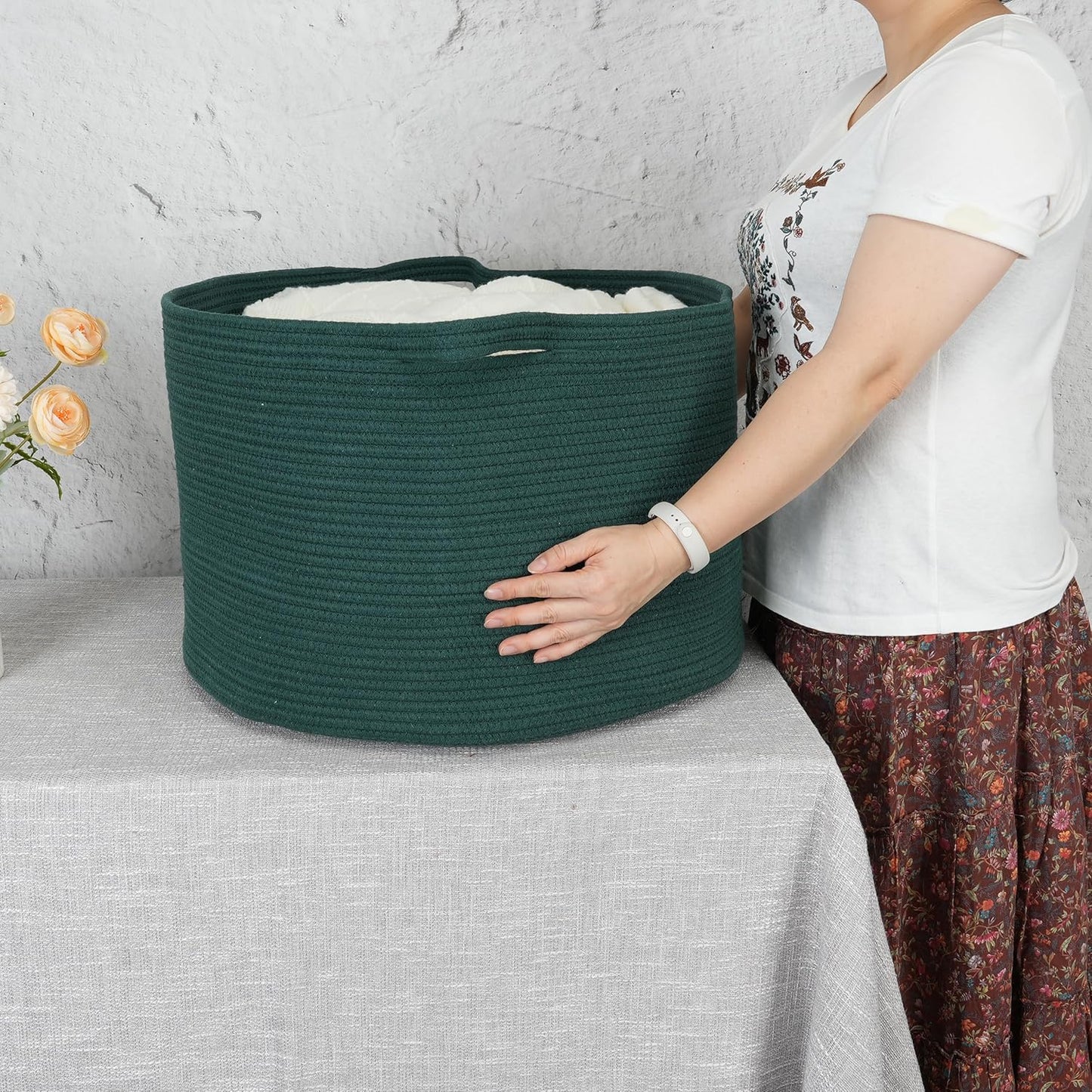 Large Cotton Rope Basket – 22"x14" Woven Storage Basket for Blankets, Toys, Laundry, and Nursery – Round Baskets for Living Room and Kids Dark Green