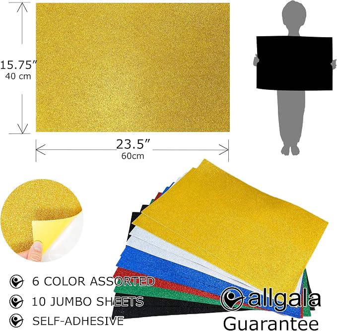 Allgala Jumbo Self-Adhesive Glitter EVA Foam Sheets 10 Pack 16x24 inch Paper