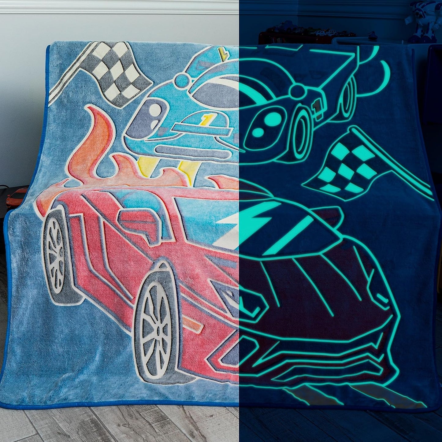 Glow in the Dark Race Car Throw Blanket – Fun Birthday Gift for Kids Who Love Toy Cars & RC Cars. Cool Hot Rod Design with Wheels Burning on the Race Track. Great for Race Car Bed or Boys Room Décor.
