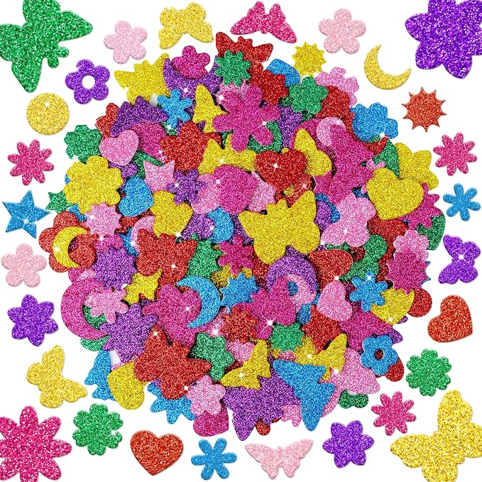 Foam Stickers, 7 Sheets 3D Glitter Foam Flower and Butterfly Shapes Stickers
