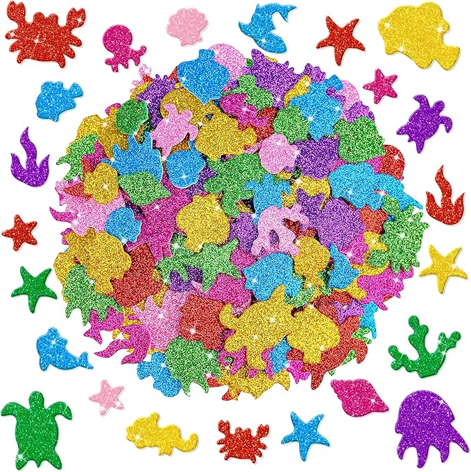 Foam Stickers, 7 Sheets 3D Glitter Foam Ocean Stickers, Self-Adhesive EVA Foam