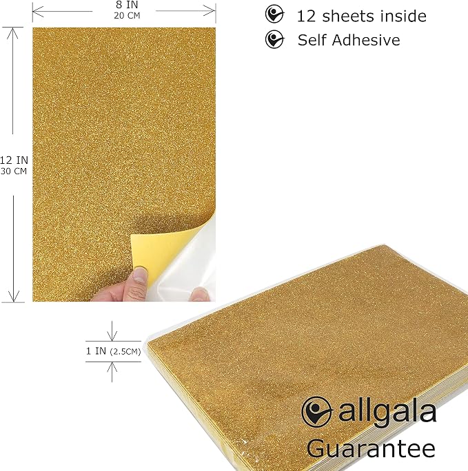 allgala 12 Pack Self-Adhesive Glitter EVA Foam Paper 8 x 12inch Sheets-Gold