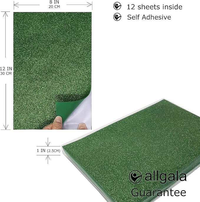 Allgala 12 Pack Glitter EVA Foam Paper 8 x 12inch Sheets-Green Color