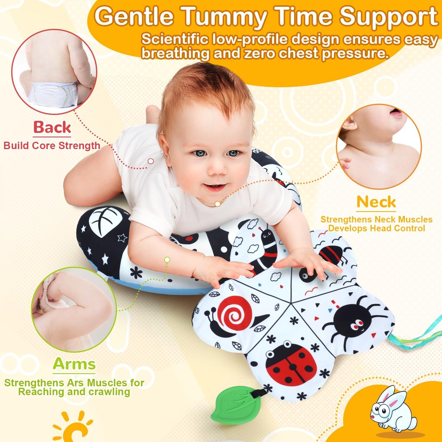 Tummy Time Pillow, High Contrast Tummy Time Mat with Black & White Flash Cards, Double-Sided Tummy Time Cushion with Mirror & Teether Sensory Toys, Baby Toys for Infant Newborn 0-6 Months Babies