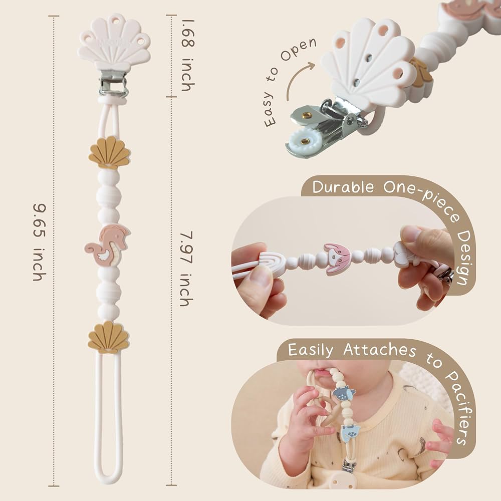 Moonkie Silicone Pacifier Clips for Baby – Durable One-Piece Binky Holder, Mixed Styles Paci Clips, Baby Essentials for Newborn Boys & Girls - 4 Pack (Sunset Shore)