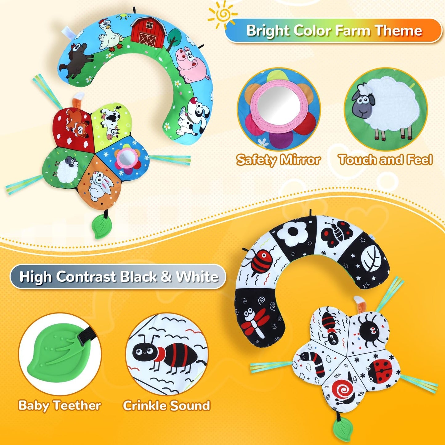 Tummy Time Pillow, High Contrast Tummy Time Mat with Black & White Flash Cards, Double-Sided Tummy Time Cushion with Mirror & Teether Sensory Toys, Baby Toys for Infant Newborn 0-6 Months Babies