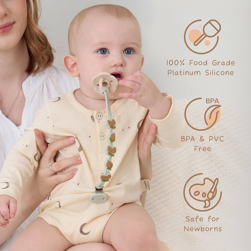 Moonkie Silicone Pacifier Clips for Baby – Durable One-Piece Binky Holder, Mixed Styles Paci Clips, Baby Essentials for Newborn Boys & Girls - 4 Pack (Sunset Shore)