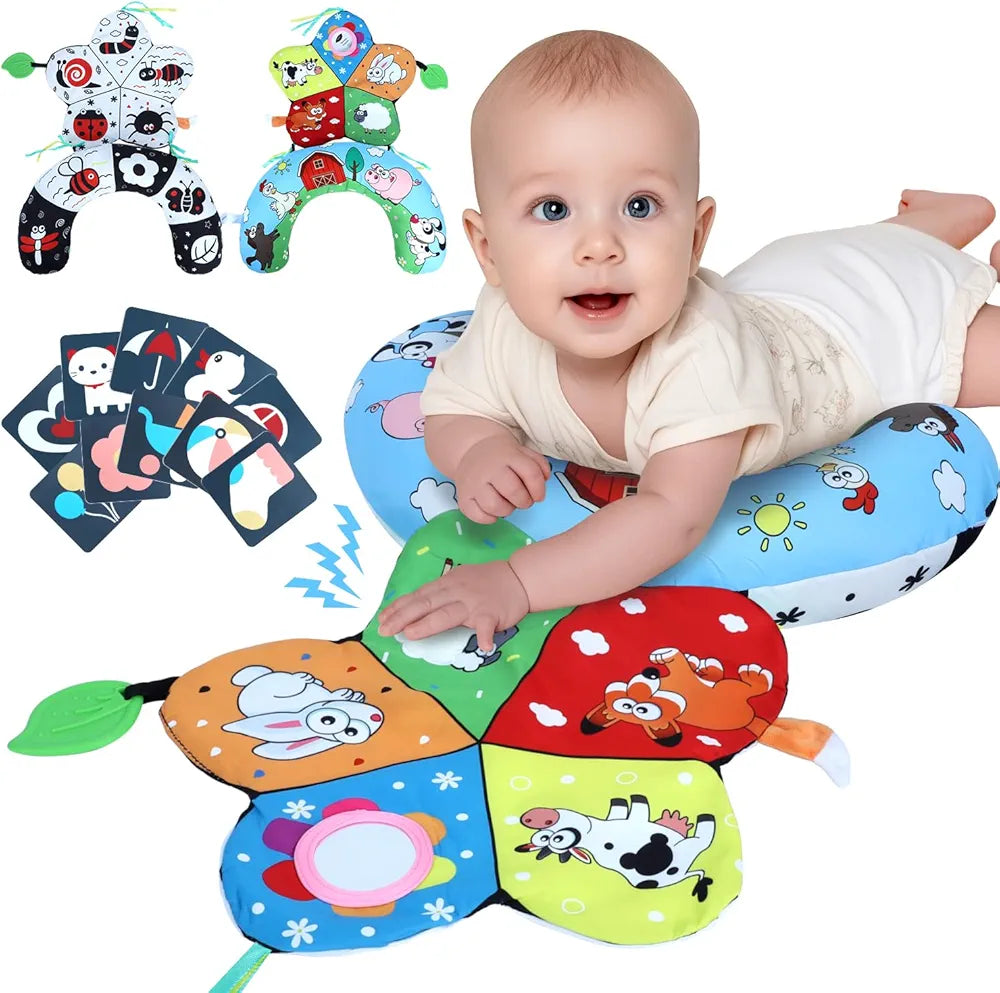 Tummy Time Pillow, High Contrast Tummy Time Mat with Black & White Flash Cards, Double-Sided Tummy Time Cushion with Mirror & Teether Sensory Toys, Baby Toys for Infant Newborn 0-6 Months Babies