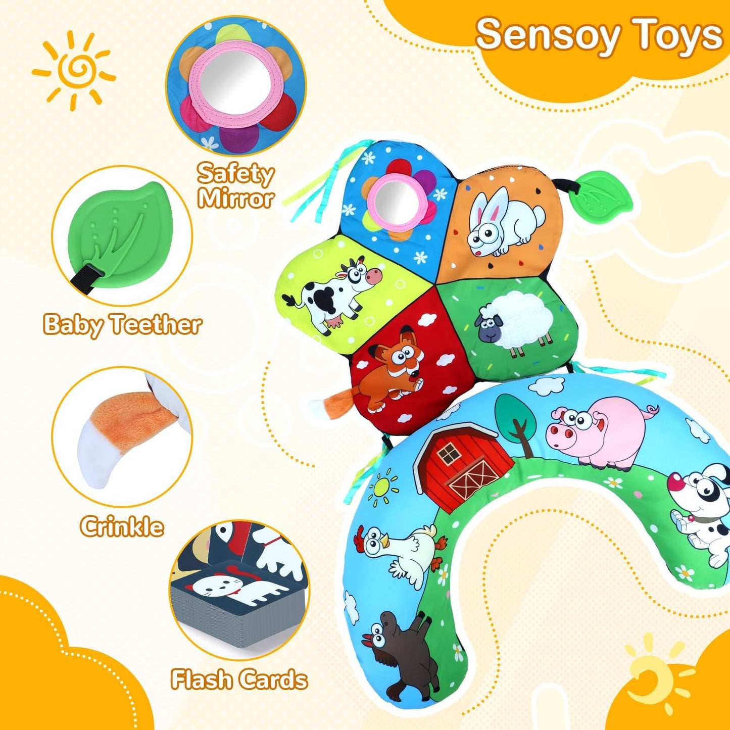 Tummy Time Pillow, High Contrast Tummy Time Mat with Black & White Flash Cards, Double-Sided Tummy Time Cushion with Mirror & Teether Sensory Toys, Baby Toys for Infant Newborn 0-6 Months Babies