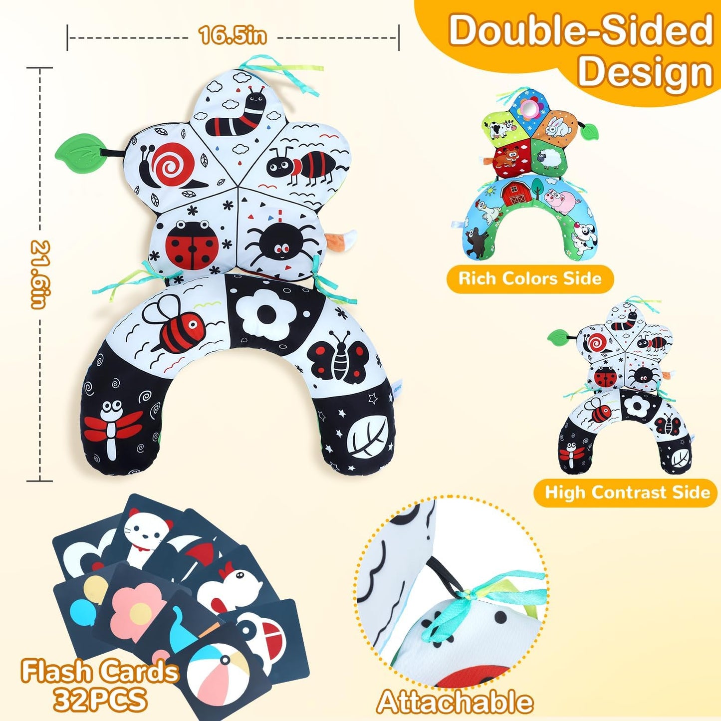 Tummy Time Pillow, High Contrast Tummy Time Mat with Black & White Flash Cards, Double-Sided Tummy Time Cushion with Mirror & Teether Sensory Toys, Baby Toys for Infant Newborn 0-6 Months Babies